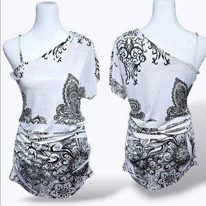 🟣 Siren Lily Y2K Crystal Rhinestone Tribal Paisley Print One-Shoulder Tunic